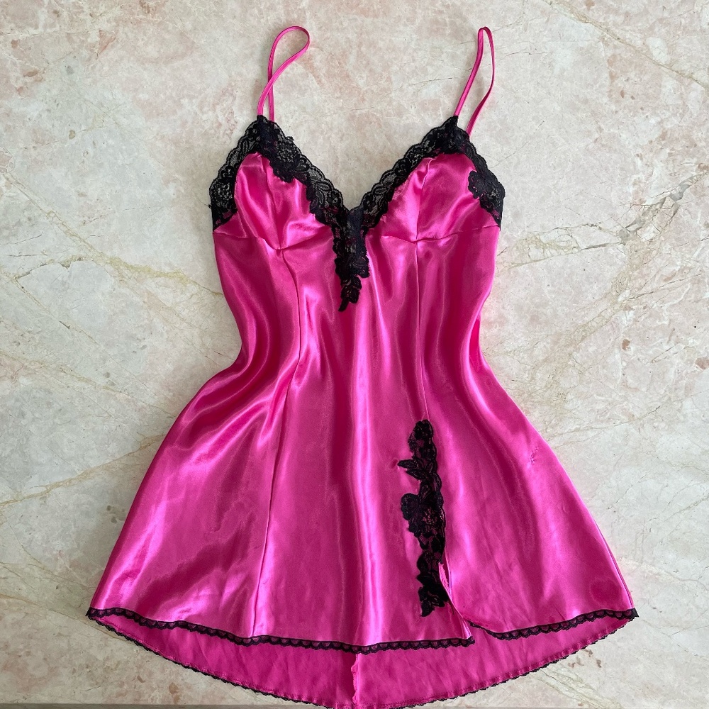 Frederick’s of Hollywood hot pink satin and black Lace Trim Slip Dress